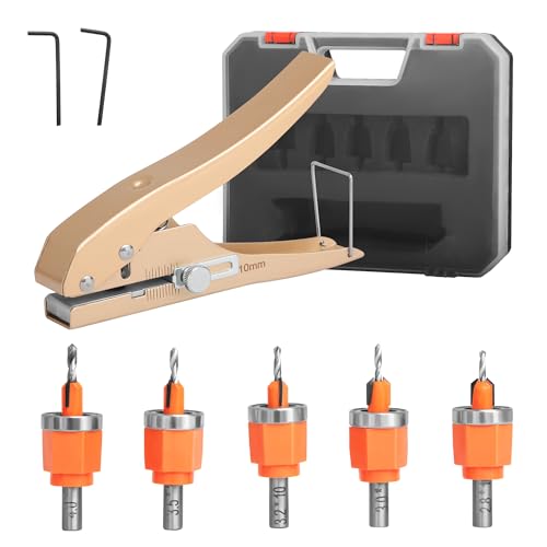 6Pcs Limit Countersink Drill Bit Set with Hole Punch, Adjustable Depth Wood Countersink Drill Bit Kit, Includes 1/8"-5/32" Bits & 3/8" Punch, Perfect for Woodworking & PVC Edge Banding (Bits + Plier)