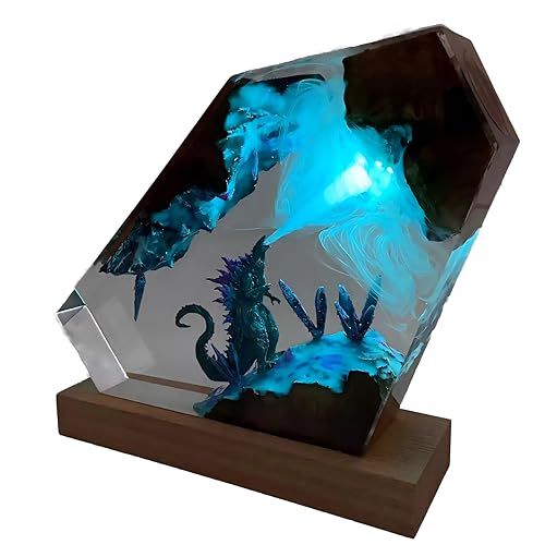LED Color-Changing Godzilla Resin Art Display, Hexagonal Crystal Desk Lamp with Wooden Base