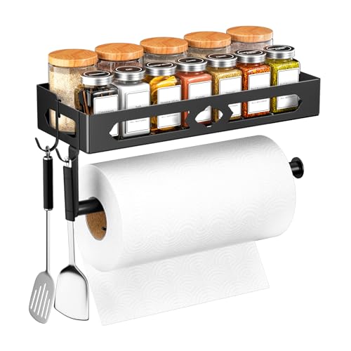 Paper Towel Holder with Shelf for Bathroom, Kitchen Paper Holder Spice Rack Paper Towel Roll Holder Wall Mounted Paper Towel Holder with 2 Hooks(2 Installation Methods - Self-Adhesive and Drilling)