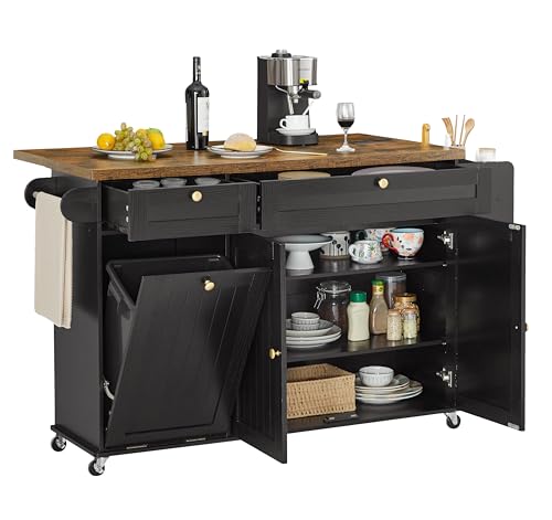 60" Kitchen Island with Power Outlet & Drop Leaf, Kitchen Rolling Island with Spice Rack & Towel Rack, Knife Holder, Kitchen Island Cart with Trash Storage Cabinet, Mobile Island Table for Kitchen