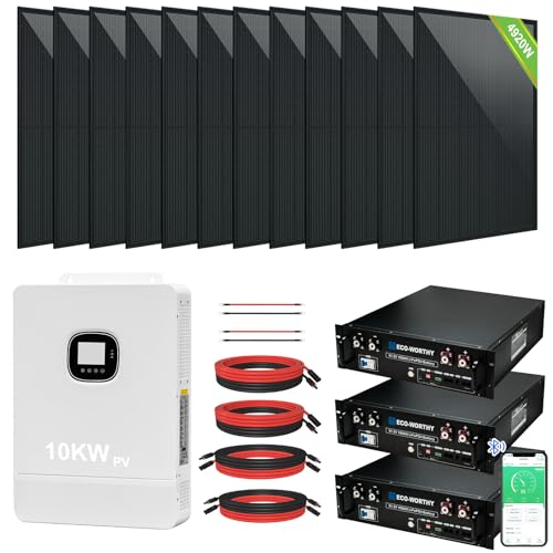 ECO-WORTHY Home Off-Grid Solar Power System: 10KW 120V/240V Output+ 15.36kWh Lithium Battery (3 * 48V100Ah)+ 4920W Solar Panel (12 * 410W)，Complete Hybrid Solar Kit Plug and Play