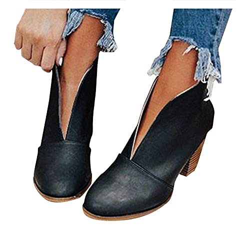Gibobby Womens Ankle Boots Summer Women's Round Toe Faux Suede Stacked Heel Side Zipper Western Shoes Ankle Boots gktg01 Black