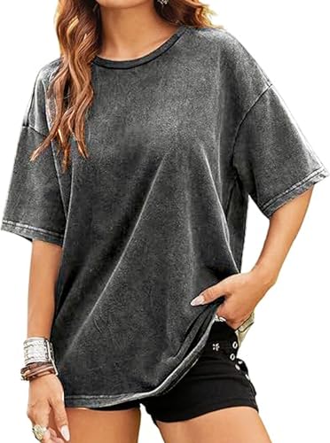 Remidoo Womens Oversized Tshirt Short Sleeve T Shirt Vintage Loose Fit Tee Washed Tops Black Medium