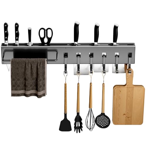 Ahhalife No Drill Wall Mounted Knife Block & Holder with 6 Removable Hooks, Multipurpose Kitchen Storage Organizer Rack for Knives, Utensils, Towels - Space-Saving Design for Home & Kitchen, Gray