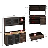 ECACAD Freestanding Kitchen Pantry Storage Cabinet with Glass Doors, Shelves & Drawers, Modern Sideboard Buffet Cabinet, Wood Kitchen Cupboard with Hutch and Hooks, Dark Brown