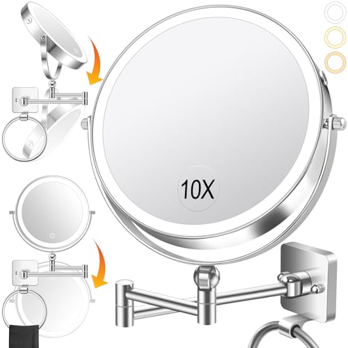 360° Rotation Adjustable 10x Large Wall Mounted Makeup Mirrror, Height Adjustable Lighted Mirror, 8" Double Sided Mirror, 1X/10X Magnifying Bathroom Mirror, Detachable Ring, 3 Color Lights