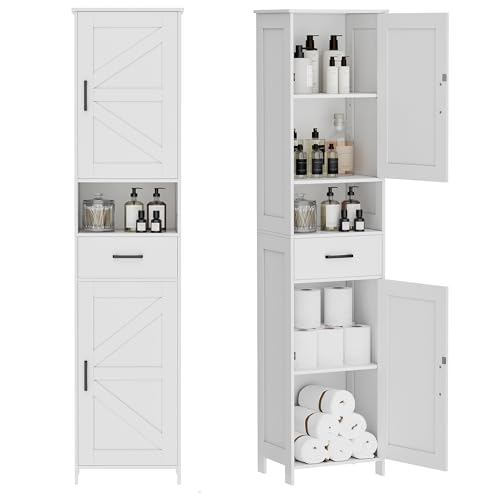 Homhedy 67" H Tall Bathroom Storage Cabinet with 2 Barn Doors and 1 Drawer, Narrow Storage Unit, Adjustable Shelves, Floor Cabinet for Bathroom, Living Room, Entryway, Kitchen, White, (15.7" W)