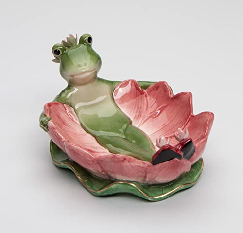 Fine Ceramic Hand Painted Lady Frog on Water Lily Lotus Flower Soap Dish or Nic Nac Dish or Jewelry Plate, 6-1/4" L