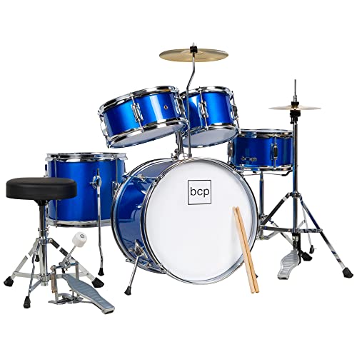 Best Choice Products Kids Drum Set 5-Piece 16in Beginner Drum Set Junior Drum Kit, Starter Percussion Set w/Cymbals, Pedal, Drumsticks, Stool, Toms, Snare, Hi Hat - Blue