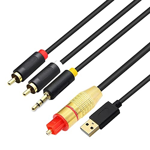 GINTOOYUN USB Fiber Optic Digital Analog Audio Cable, AUX SPDIF Digital Fiber Optic to 3.5mm + 2 RCA Jack Converter Audio Cable for TV, PS4, Blu-Ray Player, Multimedia Speaker