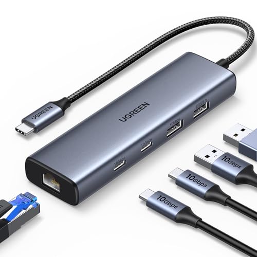 UGREEN USB C to Ethernet Adapter, 10Gbps Data Port 6-in-1 Hub Ethernet with 2*USB-C 3.2, USB-A 3.2/2.0, Gigabit RJ45, Power Port (Only for Adapter), Type C to Network Dongle for Laptop, MacBook, XPS