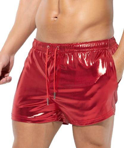 Casey Kevin Men's Holographic Metallic Short Sparkly Shiny Short Pants Rave Outfit Hot Shorts with Pockets and Drawstrings (A4-Red,Medium)