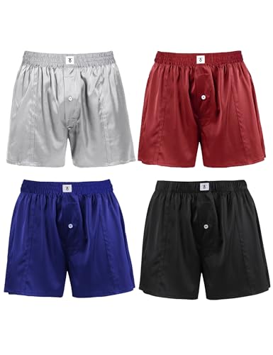 LilySilk 4PACK Mens Silk Boxers Breathable Real Mulberry Silk Underwear Silk Sleep Pajama Shorts Combo Pack Lounge Bottoms Black+Blue+Red+Grey M