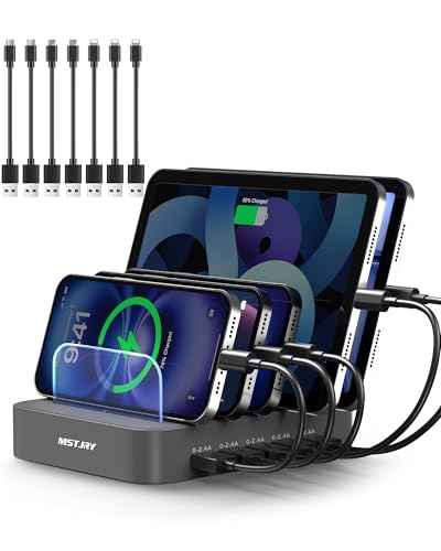 MSTJRY Charging Station for Multiple Devices : 5 Port Multi USB-A Charger Stations Multi-Device Organizer Charging Dock Designed for iPhone iPad Cell Phone Tablets (7 Short Cables Included), Gray