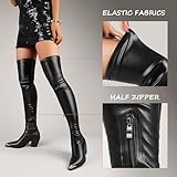 ElegaStep Women Thigh High Boots Leather PU Stretch Over The Knee Boots Slim Calf Block Chunky Heel Metal Pointed Toe Cowboy Style Dress Long Boots Zipper Black US 9