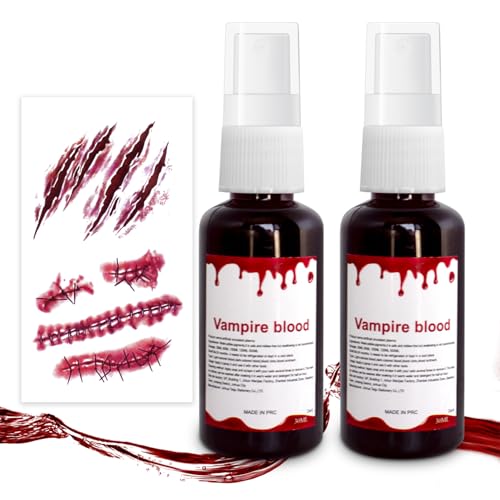 2pcs Halloween Fake Blood Kit - 1oz, Dripping Blood Spray with Scar Stickers, Realistic Safe Washable Liquid, SFX Cut Wound Makeup for Vampire Zombie Monster
