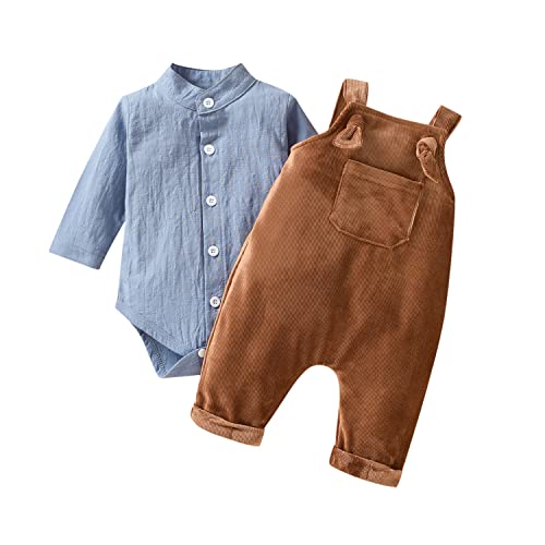 Unutiylo Baby Boys Overalls Linen Clothes 2PCS Set Infant Gentleman Outfits Set Baby Haze Blue Bodysuit Romper Shirt and Ribbed Suspender Pants Brown 3-6 Months