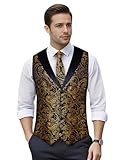 DiBanGu Mens Paisley Suit Vest Silk Jacquard Waistcoat and Necktie Set Formal Shawl Collar Dress Vest 7PCS for Wedding Party, Black and Gold, X-Large