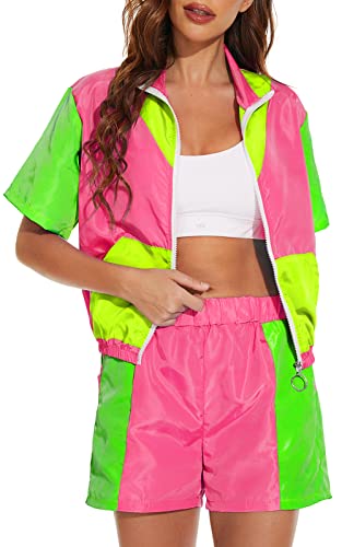 Yisfri Women's Vintage 80s 90s Style 2 Piece Outfit Short Sleeve Zip Front Windbreaker Tracksuit Themed Party Workout Set (Pink, M)
