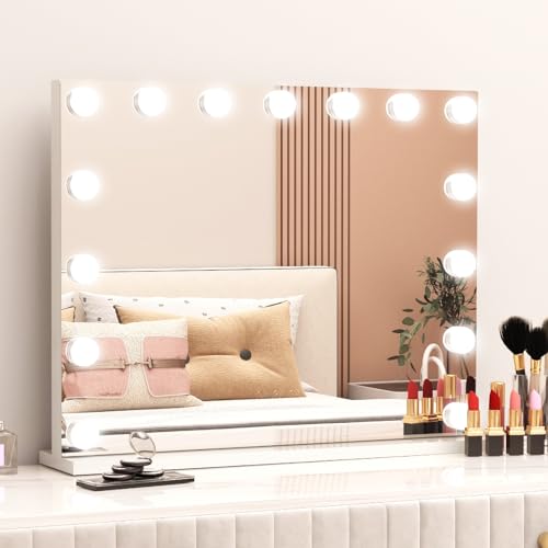 LOMRECS Vanity Mirror with Lights, Hollywood Lighted Makeup Mirror with 15 Dimmable Led Bulbs, 3 Color Lighting Modes, USB Charging Port Touch Control 10x Magnification 22.2 × 17.3 inch