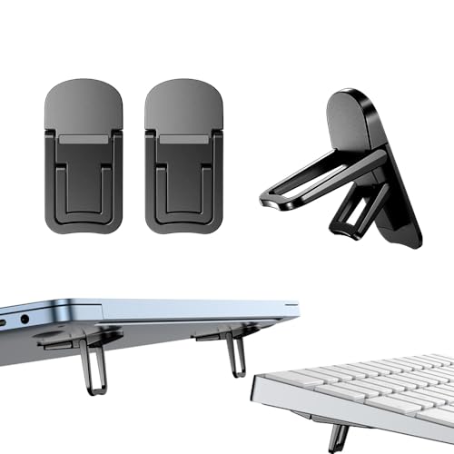 PONICOR 2PCS Zinc Alloy Mini Foldable Laptop Stand, Portable Computer Keyboard Riser with 2 Adjustable Angles, Self-Adhesive Invisible Notebook Stand and Keyboard Lift for Desk (Black)