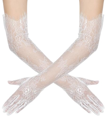 zeasciosd Women's Long Lace Floral Gloves Mesh Tulle Sheer Gloves for Wedding Elbow Length Opera Party Costume Gloves Ivory