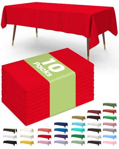 Pureegg Plastic Table Cloth Disposable 10 Pack, 54 x 108 Inch Table Cloths, Valentines Day, Thanksgiving, Christmas Decorations, Fall Tablecloths, Rectangle, Plastic Cover, Leakproof & Sturdy, Red