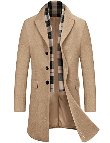 COOFANDY Winter Mid-long Coat Men Slim Fit Trench Coats Business Wool Blend Overcoat 2023 Stylish Trench Coat Khaki 3XL