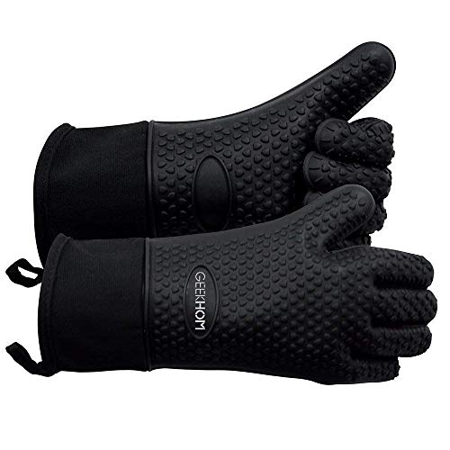GEEKHOM BBQ Gloves, Grilling Gloves Heat Resistant Oven Gloves, Kitchen Silicone Oven Mitts, Long Waterproof Non-Slip Pot Holder for Barbecue, Cooking, Baking, Black