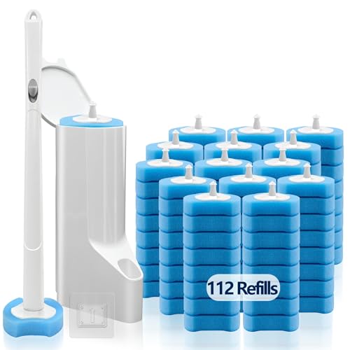 Disposable Toilet Brush with 112 Refills, Toilet Bowl Wand and Holder, White Toilet Cleaning Brush, Toilet Bowl Wand Kit Wall-Mounted, Toilet Brush Refill for Efficient and Deep Scrub Toilet.