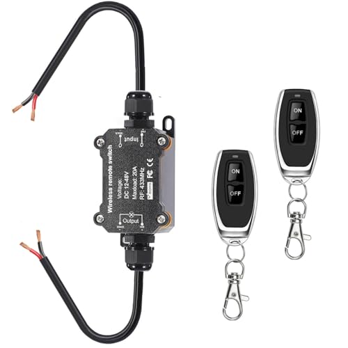 Meskliu Remote Control Switch,DC12/24/48V Waterproof Wireless 433Mhz Transmitter Receiver Kit,20A RF Module Relay ON/Off Switch,164ft Long Range for Lights,Pump,Fan