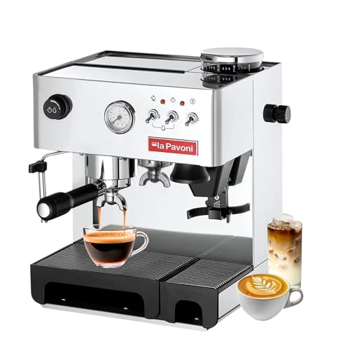 La Pavoni Domus Bar Espresso/Cappuccino Machine - Built-in Conical Burr Grinder with 7 Settings - Stainless Steel Body - 2.7L Water Reservoir - Turbo Steam Wand & Marine Brass Boiler - Made in Italy