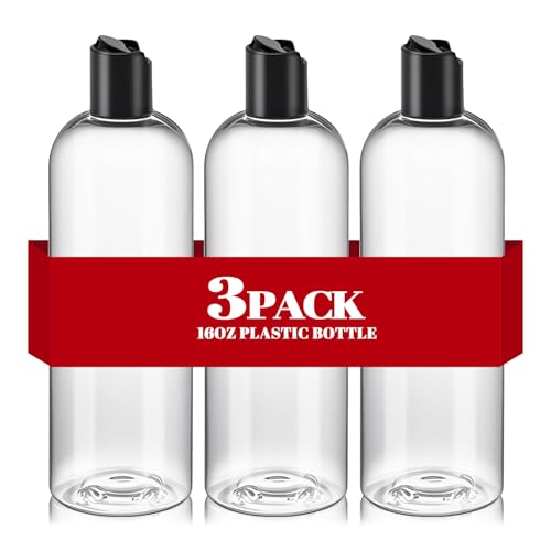 DPLASKA 3 Pcs 16 oz Clear Plastic Empty Bottles with Black Disc Top Caps, Squeezable Refillable Shampoo Bottles Travel Cosmetic Containers for Lotions, Body Soap Cream