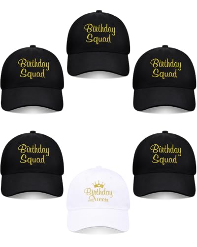 Jecery 6 Pcs Birthday Squad Hats Cap for Women Men, Birthday Queen Squad Party Baseball Cap Adjustable for Party Favor(Black)