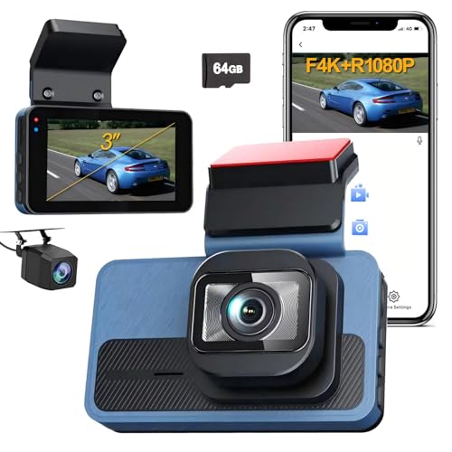 Dash Cam Front 4K&Rear 1080P with Night Vision,Wireless WiFi 3″IPS Screen DVR,Mounted Cars Small Dashboard,Hidden Mini Video Tachograph, 2160P HD Security Monitor Camera Recorder for Car,Free 64GB