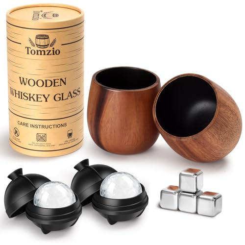 Charred Wooden Bourbon Drinking Glass Set, 11oz Handcrafted Premium Acacia Confusa Whiskey Tumbler, 4 Stones & 2 Ice Ball Molds, Charred Old Fashioned Glass, Unique Bourbon Gifts for Men,Dad,Brother