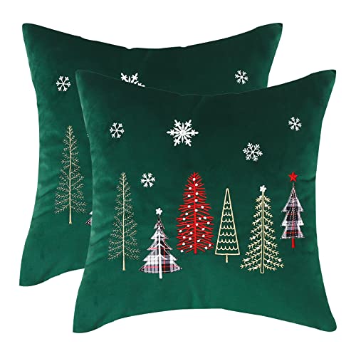 Tosleo Christmas Embroidery Throw Pillow Covers 18x18 inch Set of 2 Christmas Dec Velvet Pillowcases Forest Green Xmas Trees Cushion Pillow Cases Soft Square Holiday Pillowcase
