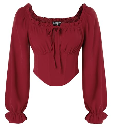 Renaissance Blouse for Women Burgundy Corset Top Long Sleeve Square Neck Cottagecore Shirt Red M