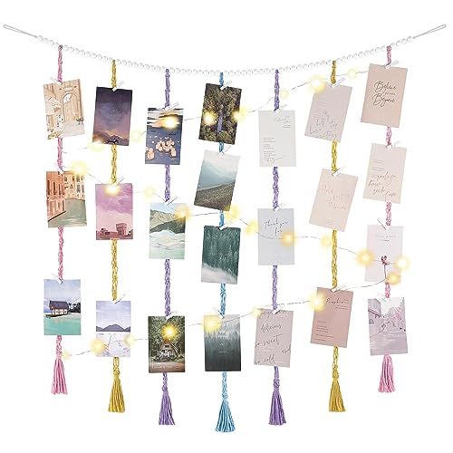 Mkono Macrame Hanging Photo Display Wall Decor with String Lights, Boho Wooden Beads Garland Collage Picture Card Frame Holder with 45 Clips for Bedroom Living Room Dorm, Teen Girls Christmas Gifts