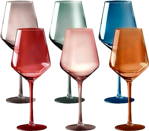 Colored Goblet Glasses Set of 6, 18oz Crystal Unique Fall Drinking Wine Glass Cups with Stem - Luxury Multi Color Glassware Gift Set for Wife & Mom - Colorful Hand Blown Drinkware for Red White Wine.