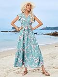 Hykytyhk Womens Summer Wrap V Neck Ruffle Short Sleeve Floral Maxi Dress with Tie Casual Party Beach Long Flowy Dresses Blue X-Large