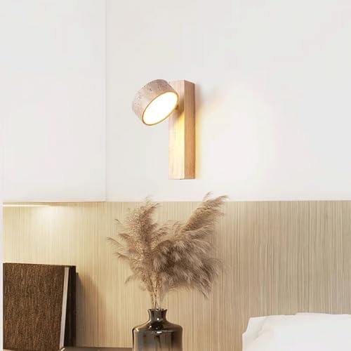 Modern Wood Wall Sconce Nordic Japanese Style with Concrete Look Shade Up Down Indoor Light Fixture Japandi Decor for Bedroom Living Room Hallway(Wood)