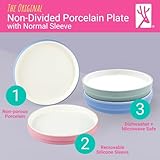 Elk and Friends Kids 7.8” Porcelain White Plates with Silicone Sleeves | Suitable for Kids/Toddlers | Microwave & Dishwasher Safe | Non Slip | Snack Dishes