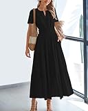 BTFBM Womens Summer 2025 Casual Midi Maxi Dresses Lightweight Short Sleeve V Neck Elastic Waist Boho Beach Dress Pockets(Black, Large)