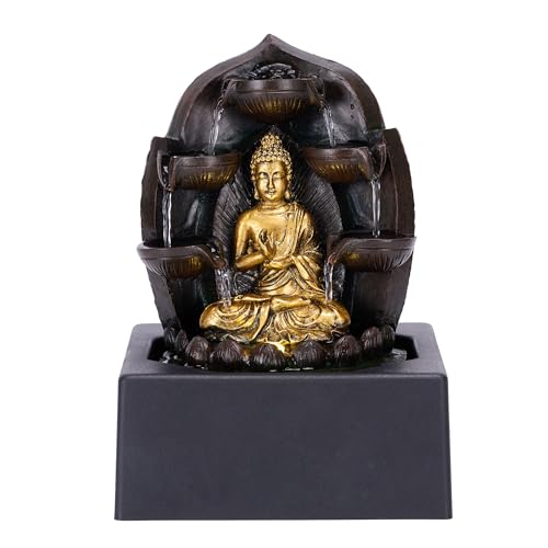 TERESA'S COLLECTIONS Tabletop Water Fountain Outdoor for Home Decor, Gold Buddha Statue with LED Light and Pump for Living Room Decor, Waterfall Fountain Indoor Zen Home Decor Dad Gifts for Men 13.2"