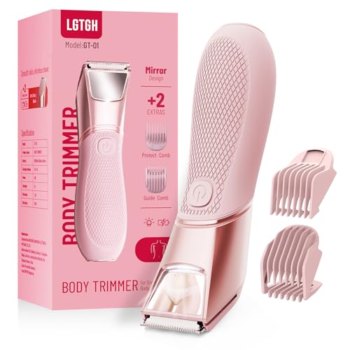 LGTGH Bikini Trimmer for Women: Mirror Electric Shaver for Body Hair with LED Light, IPX7 Waterproof Facial Razor with Ceramic Blade,Rechargeable Body Groomer for Leg,Arm,Underarm - Blush Pink