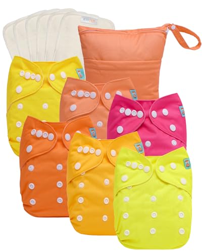 ALVABABY 2.0 AWJ Lining Cloth Diaper with Tummy Panel for Babies,6 Pack Diapers and 6 Inserts with One Wet Dry Bag, Adjustable Washable Reusable for Baby Girls and Boys 6WJT01A-L