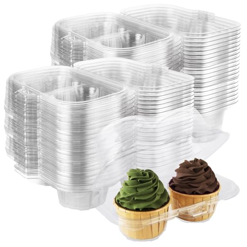 GBACHOOSE 100PCS Cupcake Containers 2 Pack, Plastic Cupcake Holders 2 Clear Cupcakes Boxes 2 Count Cupcake Containers with Lids, Cupcake Carrier for Cake Store and Bakery