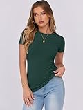 ANRABESS Women Short Sleeve Crewneck Rib Knit Slim Fitted Shirts Summer 2025 Basic Tee Tshirt Tops Underwear Outfits Clothes Forest Green Medium