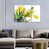 First Wall Art - 3 Panel Wall Art Green Spring Flowers Yellow Tulip Painting Pictures Print On Canvas Flower The Picture for Home Modern Decoration Piece (Stretched by Wooden Frame,Ready to Hang)